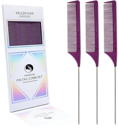 Vellen Hair Professionelle 22,9 cm Rattenschwanzkämme für Haarstylisten, PEI-Material 221 °C, hitzebeständig und antistatisch, Nadelschwanzkamm mit langem Edelstahl, 3 Stück (lila)