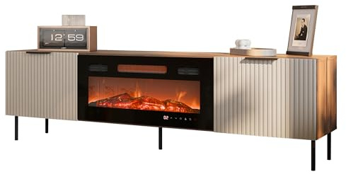 Mirjan24 TV-Schrank Aocale SR06 mit Elektrischem Kamin, Fernsehschrank, Fernsehtisch, Unterschrank, Realistische LED-Flamme, TV-Lowboard (Nuss Warmia/Cashmere)