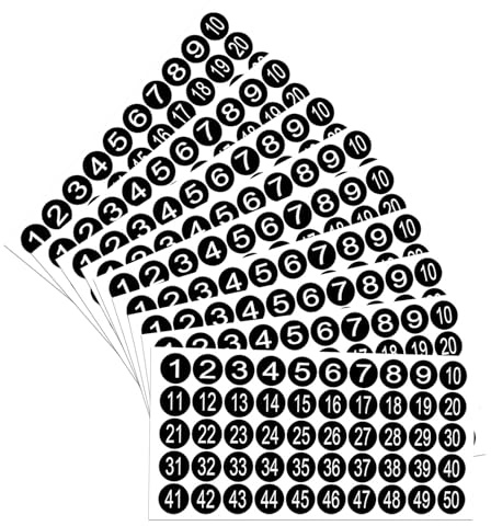 20 Blatt Zahlen Aufkleber Schwarz, 1 bis 50 Runden Nummernaufkleber Klebezahlen Wetterfest Zahlenaufkleber Selbstklebende Sticker für Organisation Inventarsortierung Aufbewahrungsboxen Klassifizierung