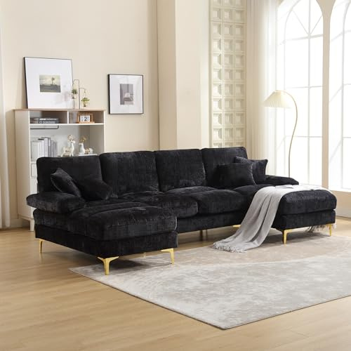 ANIROY 4 Seater Sofa Couch, U-Shaped Sectional Sofa with 2 Chaise and Chenille Fabric, Sofa Set for Living Room, Black