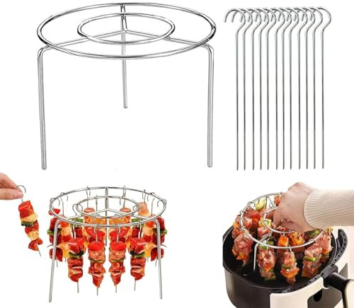 Air Fryer Grill Skewer Rack, Air Fryer Barbecue Grill Vertical Barbecue Kebab, 12/24/36 Vertical Meat Skewers with Round Hanging (12 Skewers+1 Storage Disk)