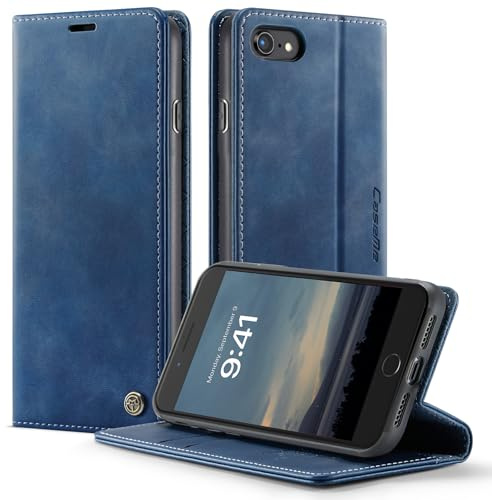 owlhold Handyhülle für iPhone SE 2022 / SE 2020 / iPhone 8/7/6 hülle klapphülle Premium PU Leder, RFID Schutzhülle, Faltbare Ständer, Handytasche Lederhülle Kartenfach Standfunktion - Blau