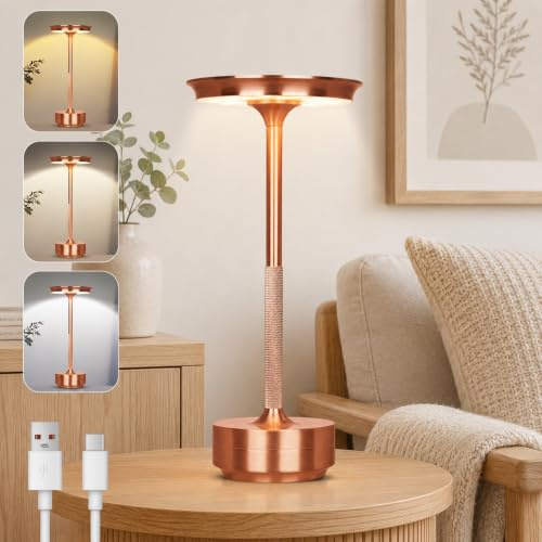 Tischlampe Kabellos LED, 3 Farbtemperaturen Stufenlos Dimmbare Tischleuchte | 3000 mAh Akku Nachttischlampe, Touch Lampe mit USB-C, Speicherfunktion für Outdoor & Esstisch, Roségold, 1 Stück