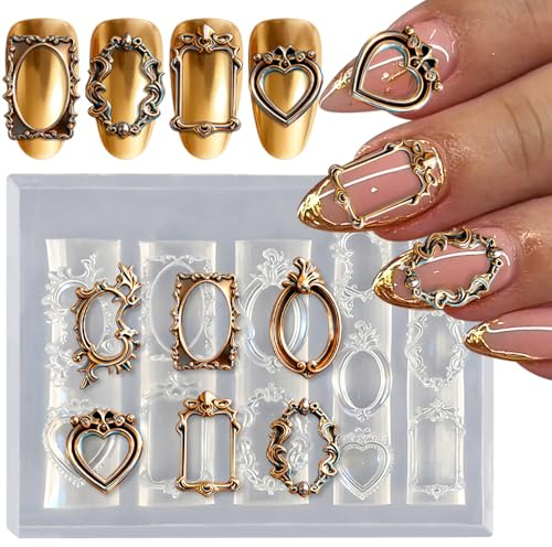 Retro Fotorahmen Nail Molds 3D Nail Art Silicone Molds DIY Rand Rahmen Charms Nägel Silikonformen Gießformen Silikon Schablone Photo Frame Geschnitzt Silikonform Schablonen Nageldesign Nagel Zubehör