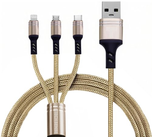 TECH SENSE Multi Charger Cable, 3 in 1 Charging Cable 3A Fast Charging Cable (1.2m), Multiple USB Charger Cable with Micro USB/Type C Cable Compatible with iPhone, Samsung, LG, PS5 (Golden)