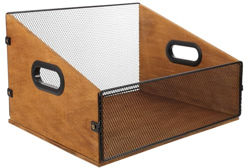 Mipcase Boîte de Rangement Bois pour Vinyles et Albums Photo Caisse Robuste avec Finition Lisse Support Stable pour Disques et Magazines Organiseur avec Poignées Marron
