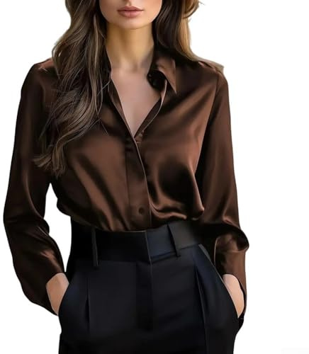 Elegante blusa de satén para mujer con ajuste delgado y cierre de botones, manga larga, adecuada para uso en la oficina (L marrón)