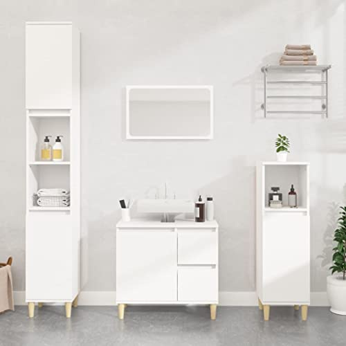 Holamys Ensemble de 3 meubles de salle de bain en bois blanc avec meuble sous lavabo, 2 armoires sur pied, beaucoup d'espace de rangement, pour salle de bain, aspect élégant