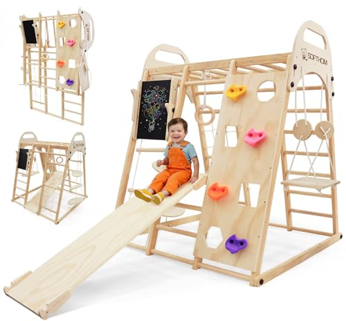 SOFTHOM Maxi Klettergerüst Indoor, 12 in 1 Montessori Indoor Spielplatz für Kinder (Klappbar), Multifunktional Indoor Spielset aus Holz, Tafel, Schaukel, Rutsche, Kletterwand, Kletterdreieck, Natur