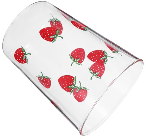 IMIKEYA Bicchiere in vetro borosilicato con stampa di fragole, per la casa | Bicchieri design fragole, facili da pulire e resistenti alle alte e basse temperature, per latte o tè, ufficio