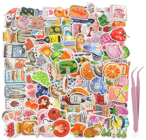 XRVRILE 100 Stück Vintage Sticker Set mit Pinzette, Vinyl Sticker Aesthetic Retro-Früchte, Lebensmittel Graffiti Wasserfeste Aufkleber für Journaling Scrapbook Trinkflaschen Laptop DIY