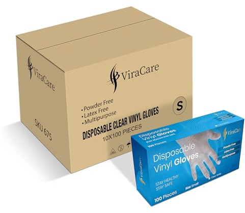 ViraCare 1000 x Vinyl Disposable Gloves Small, Latex Free, Powder Free | Strong, Non-Sterile, 10 Packs of 100