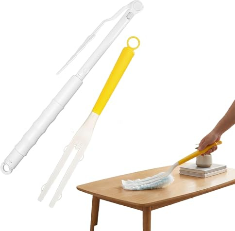 Ousuwo Juego de plumero estático con mango telescópico blanco extensible y agarre amarillo, plumero de microfibra reutilizable para limpiar telarañas, techos, persianas y zonas de difícil acceso en el