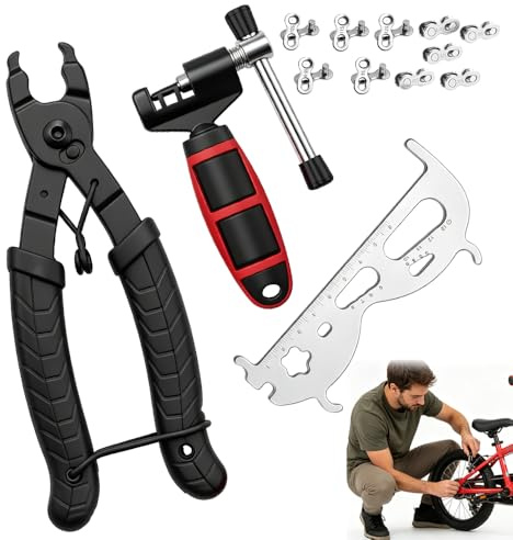 WDKXCN Kettennieter Fahrrad Set, Profi Fahrradkette Werkzeug Set mit Kettenschneider, Kettenschloss Zange, Kettenlehre und 5 Paar Fahrradketten Nieten, Präzise Kettenwerkzeug Fahrrad für 6–12 Gang