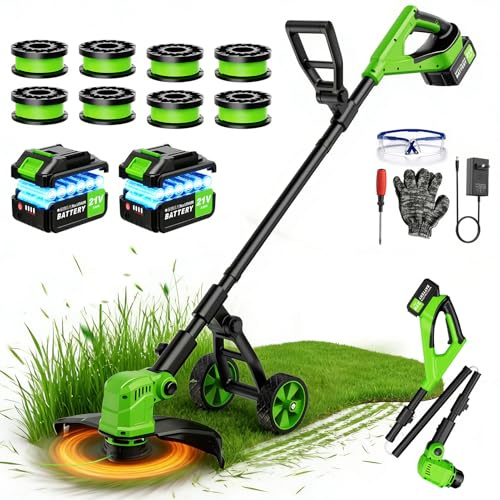 Lacoco Decespugliatore a batteria tagliabordi elettrico senza fili con 8 bobine di filo, 2×3.0Ah Batterie Dimensioni Erba Larghezza di taglio 14 Decespugliatore a Ruote per Prato Giardino