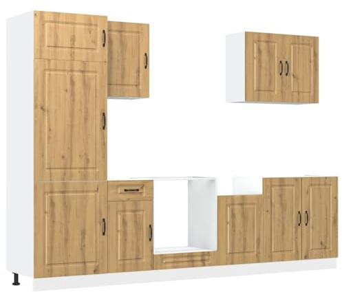 WRJENFSC Juego de 7 muebles de cocina Kalmar con aspecto de roble Artisan, muebles de cocina modulares de madera, incluye armario bajo fregadero y armarios colgantes, espacio de almacenamiento para