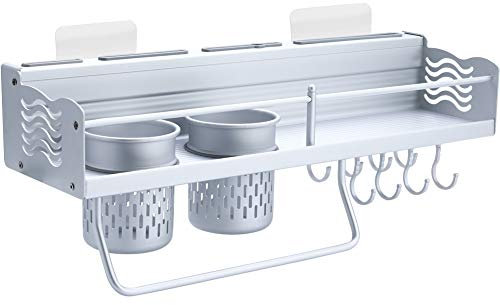 Joyfamy Ohne Bohren Küchenregal Messerschlitze mit 2 Becherhalter, Raum Aluminium Wand-Küche Lagerung Gewürzregale mit 8 Haken