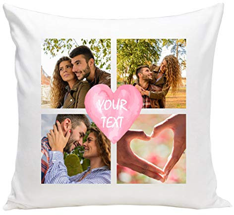 Personalisiertes FOTOGESCHENK mit 3 Fotos Collage (40 x 40 cm) Foto-Kissen mit Photo & Text Geburtstag Valentinstag (mit Füllung) Wunsch-Namen und Datum im Herz Gestalten [091]