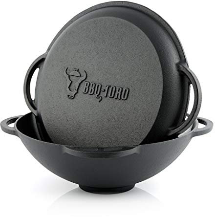 BBQ-Toro Gusseisen Kazan mit Deckel | 12 Liter | Traditioneller Gusstopf | Kasan mit abgeflachtem Boden, Grillwok preseasoned-bereits eingebrannt | Schmortopf zum Kochen, Schmoren, Braten, Frittieren