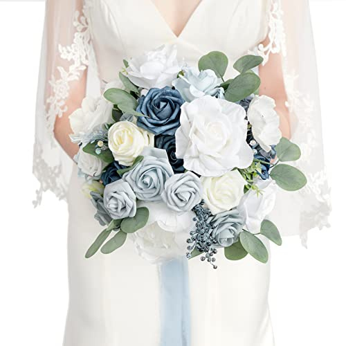 Ling's moment Dusty Blue Bridal Bouquet for Bride, Blue Wedding Bouquets for Bride, 13 Inch Silk Round Artificial Wedding Flowers Bouquets
