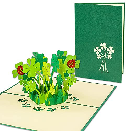 LINPOPUP®, LIN17523, POP UP Karte - Glücksklee Marienkäfer - 3D Geburtstags-Karte - Viel Glück - Gute Besserung - Gruß-Karte mit Motiv Vierblättriges Kleeblatt - Klapp-Karte - Grün, N276