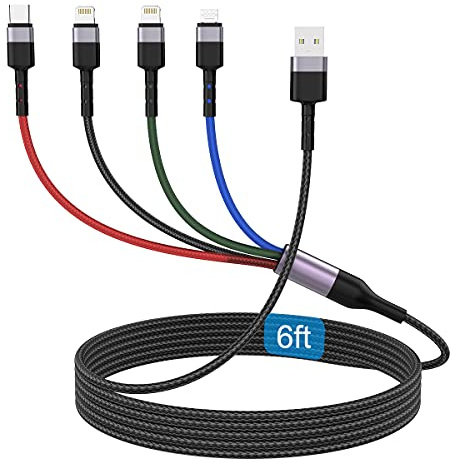 1.8M/6Ft Multi 4 in 1 USB Universal iPhone Charging Cable,Lightning2+Type C+Micro USB Long Nylon Braided Phone Charger Cord Connector Adapter for Cell Phone/Android/Apple/IOS/Samsung/LG/Huawei