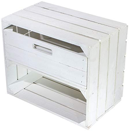 Truhenking Weiße Regalkiste mit Schublade 50cm x 40cm x 31cm Obstkisten Schrank Holzbox Shabby chic Weiss Nachttisch Nachtschrank DIY modern Möbel Garten Weinkisten