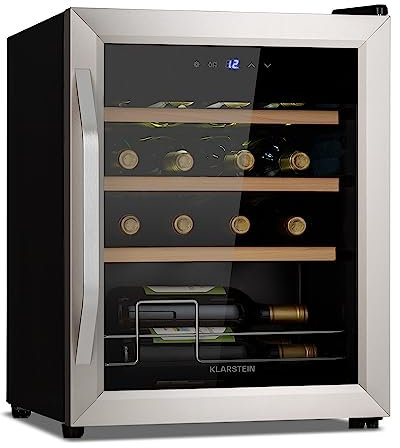 Klarstein Vinoteca 16 Botellas, Nevera Vinos, Una Zona de Refrigeración, Nevera Expositora Vino y Cerveza, Vinoteca Interior y Exterior con Puerta de Cristal, Nevera Vino con Protección UV, 5-18°C