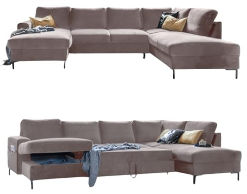 MIUFORM Lofty Lilly mit Bettkasten | 8 Sitzer Ecksofa | U-form rechts | 303 x 197 x 84cm | Klappsofa mit Schlaffunktion | Schlafsofa klappbar | Wohnlandschaft (Velour Beige)