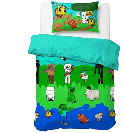 Jay Franco Minecraft Creative Fashion 100% algodón Juego de Cama para niños 135 x 200 cm Tamaño de Cama Individual - Funda nórdica + Funda de Almohada 50 x 70 cm