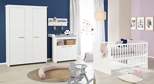 roba Kinderzimmerset 'Anton' inkl. umbaubarem Baby-/Kinderbett 70 x 140 cm, Wickelkommode 2-türig und Kleiderschrank 2,5-türig in Weiß - Griffe aus Buche Echtholz