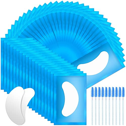 URAQT Patch Occhi Extension, 50 Paia Occhi da Ciglia Finte Eye Gel Patches Eye Pads con 10 Scovolino Ciglia, Patch Occhi Trucco Patch Ciglia per Extension Ciglia e Pro Salon Eye Mask Beauty Tool(Blu)