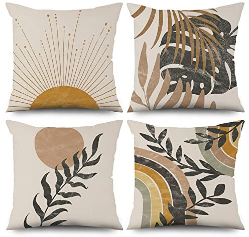 ASDCXZ Boho Kissenbezug 40x40 cm 4er Set, Modern Abstrakt Kunst Blätter Sonne Beige Sofa Kissen Bezug Dekokissen Kissenbezüge Kissenhülle Waschbar Polyester Flachs Textil Outdoor Kopfkissenbezug