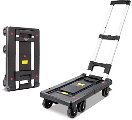 Zusammenklappbarer Trolley, Aluminium-Klappwagen mit Rädern, Plattformwagen, kompakter Flachbettwagen für Lager, Restaurant, Geschäfte, Fabriken und Zuhause,Schwarz
