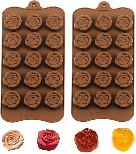 BURRSJ Rose Flower Shaped Silicone Chocolate & Ice Cube Tray - 2PCS, 15-Cavity Wax Melt Mold