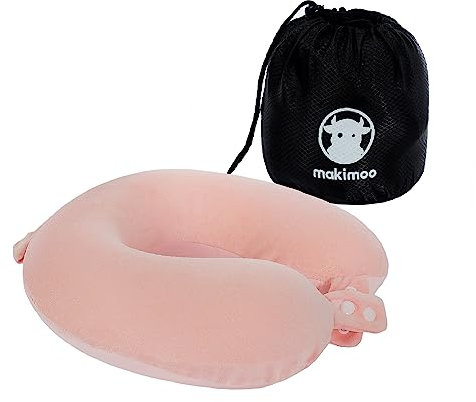 Makimoo Travel Neck Pillow, Top Memory Foam Pillow for Head Support, Ideal for Airplanes, Cars, and Home Recliners, Adjustable and Soft (Pink)