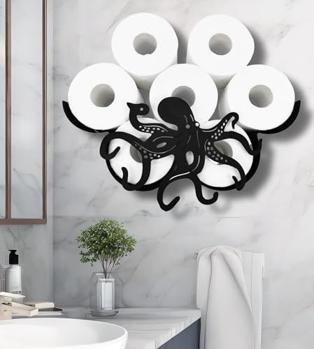 Teaeeno Octopus Metal Wall Toilet Paper Storage, Black Toilet Tissue Holder, Funny Toilets Paper Storage for Bathrooms, Wall Toilets Papers Organizer Hold Extra 8 Rolls