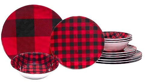 Certified International Red Buffalo - Juego de vajilla de melamina a cuadros de 12 piezas, servicio para 4, multicolor