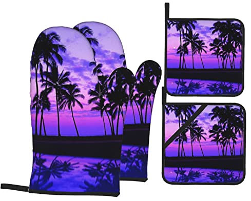 Lot de 4 gants de cuisine anti chaleur professionnel et maniques résistants à la chaleur pour barbecue, cuisine, pâtisserie, grillades violettes