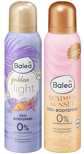 Balea 2er-Set Hautpflege: Antitranspirant Deo Spray GOLDEN LIGHT mit sommerlich-blumigem Duft, 150 ml + Deodorant Bodyspray SUMMER SUNSET erfrischend, langanhaltend & sanft zur Haut, 150 ml (300 ml)