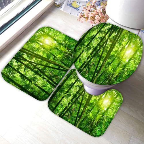 DEVOKE Badezimmer Badematte 3 Teilig Set Bambuswald 3D Weichen Mikrofasern Grün Saugfähige Teppich,WC-Deckelbezug,U-Förmige Matte Maschinenwaschbar Badvorleger 40X60