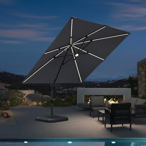 PURPLE LEAF Parasol Déporté 3 x 3 m Gris clair avec Bandes LED UPF 50+ | Illumine l'espace, Idéal repas, Rotation à 360°, 5 Niveaux D’inclinaison, Toile Durable, Anti-UV, Parasol de jardin extérieur