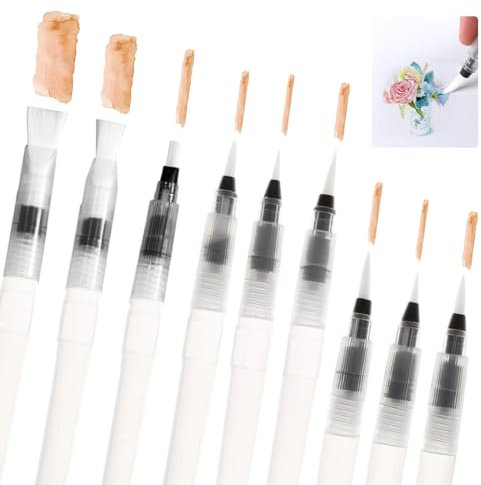 9 Piezas Pincel con Deposito Agua, Pincel Acuarela de Pintura, Set de Pinceles con Deposito de Agua, Pinceles Acuarela Recargables para Pintura de Acuarela, Mezcla de Colores y Caligrafía
