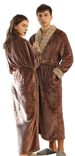 BERDITH Peignoir long et moelleux pour femme - Avec capuche - En polaire - Grandes tailles - Unisexe - Pour couples - Avec longue ceinture, marron, M