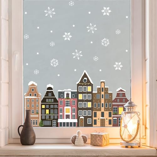Sichtschutzfolie Weihnachten Winter Fenster Küche Winterstadt Giebelhäuser Wiederverwendbare Fensterfolie Weihnachtsdeko, 55 cm hoch, 110 cm breit
