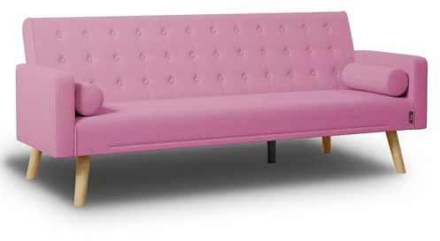 Nalui - Sofá Cama 3 Plazas Acolchado 203x82x78cm One Dots, 2 Cojines y Apertura Clic-Clac con Dif. Grados de Reclinación. Sofá Cama Chaise Longue con Patas de Madera Convertible en Cama Doble | Rosa