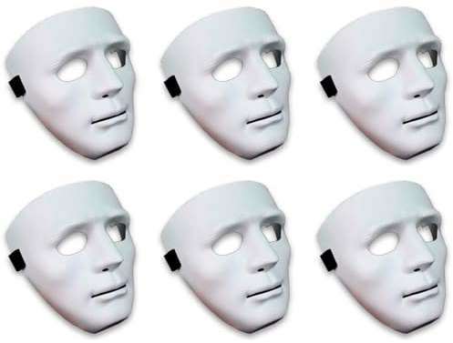 Acan Tradineur - Pack de 6 máscaras de cara blanca para adulto - Plástico - Complemento para disfraces de Halloween, carnaval, cosplay - 17 x 17,5 x 8 cm