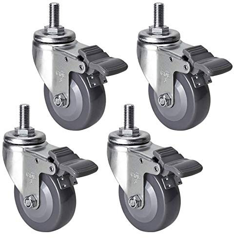 Plattenrollen, Schwerlastrollen, Transportrollen, M12-Gewinde, Lenkrollen, Kugellager, 360°-Drehung, Tragfähigkeit 300 kg (4 mit Bremsen 75 mm)