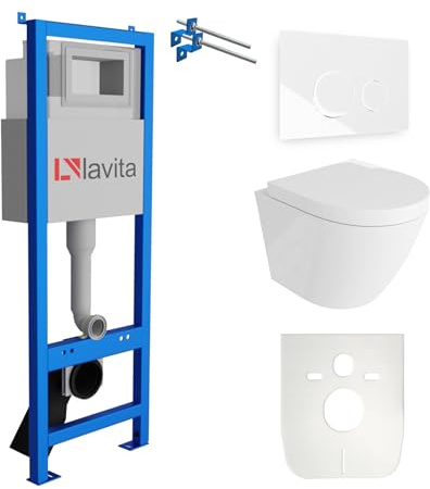Lavita LAV 101 Vorwandelement für WC 40cm + Wand Hänge Tiefspül WC SOGO Weiß Spülrandlos + Bedienplatte LAV 200.4.1 Weiß + WC Sitz mit Absenkautomatik Unterputz Spülkasten Toilette Komplett Sett WC