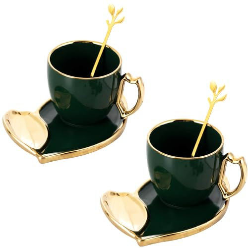 All-Pie 2 Sets of Espresso Coffee Cups and Saucer 300ml Ceramic Tea Cups with Spoons, Green